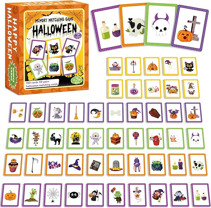 gisgfim 50 Pairs Memory Matching Game Happy Halloween Concentration Memory Games Card for Kids Educational Ages 3-8 A Fun & Fast Halloween Theme Matching Games