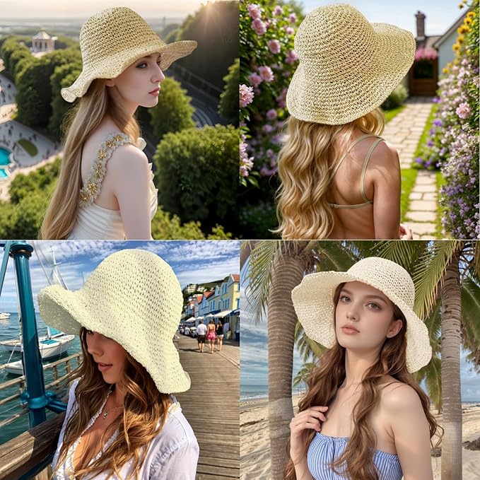 Womens Straw Beach Sun Hats, Foldable Packable Floppy Handmade Crochet Hats for Women,Large Summer Vacation Wide Brim Hat