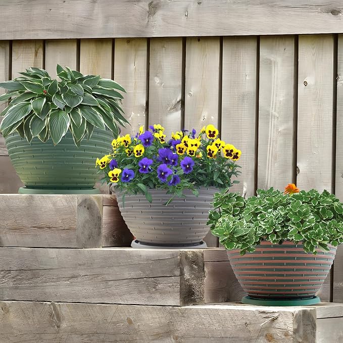 Quarut Large-Planter-Indoor-Outdoor Plant Pots, 12 inch 4 Pack Flower Pots with Saucer and Drainage Holes, Modern Planters for Planting Medium Large Plants,Decorative Resin Garden Pots(Brown)