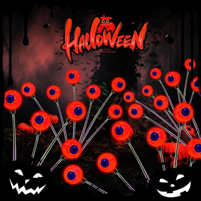 Halloween Decorations Outdoor, 2 Pack Solar Swaying Eyeball Lights, Swaying by Wind, Solar Pathway Lights, Halloween Decor with 2 Lighting Modes, Halloween Stake Lights for Garden Yard(Red)