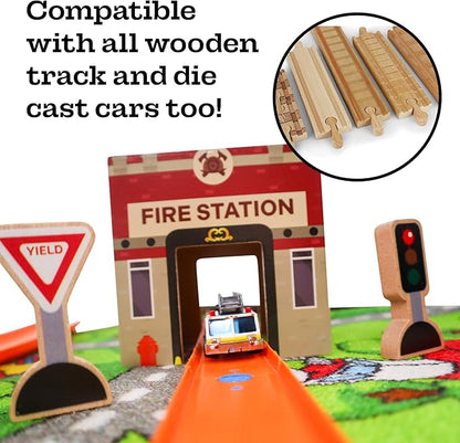 6 Wooden Stacking City Buildings - Nesting Community Helpers Building Boxes - Wood Sorting Cubes Town Play Set for Mats, Toy Cars and Trains - Educational Preschool Track Accessories Learning Toddler