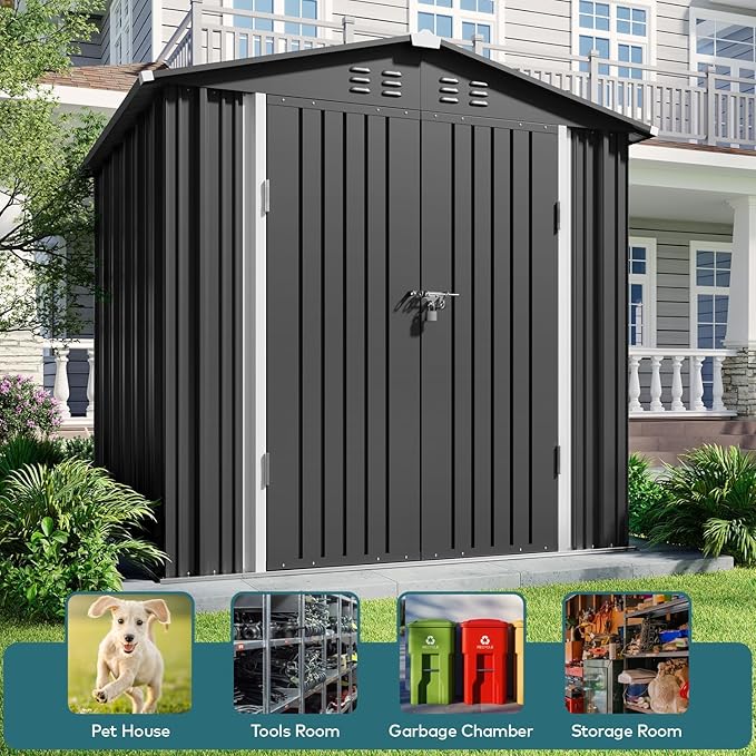 Gizoon Outdoor Storage Shed 6 x 4 FT, Galvanized Metal Garden Shed with Double Lockable Doors, Outdoor Storage Clearance for Backyard Patio Lawn-Dark Grey