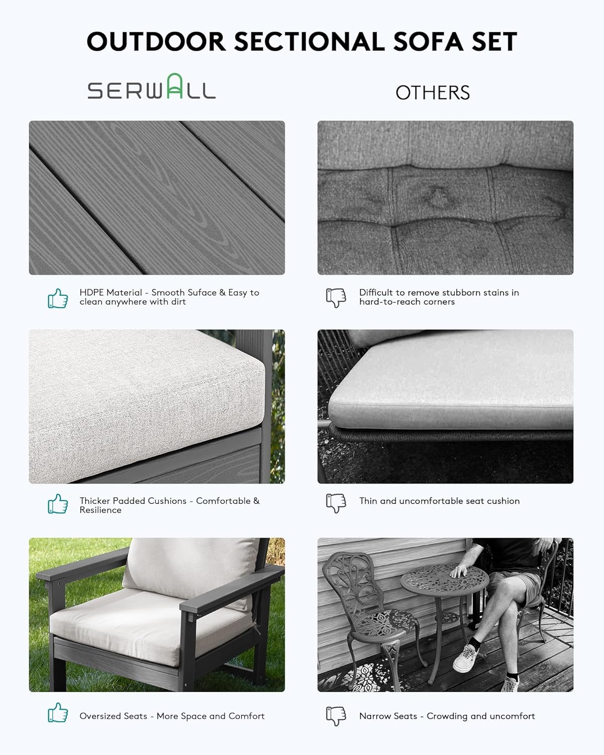 SERWALL HDPE Patio Furniture Set, 7-Piece Outdoor Sectional Sofa Set, All Weather Outdoor Couch Set for Deck, Lawn, Grey Frame with Khaki Cushion