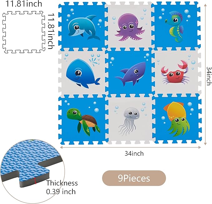 Puzzle Play Mat, Foam Floor Tiles, Children’s Foam Puzzle Mat Baby Floor Play Mat 34×34 Inches Sea World 9 Pieces