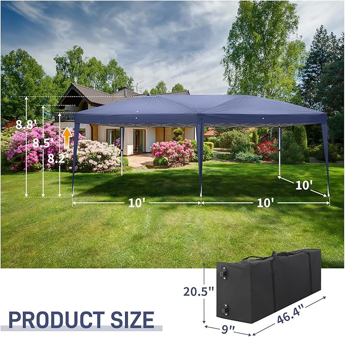 Outvita 10x20ft Pop Up Canopy Tent, Outdoor Instant Shelter Folding Canopy with Carry Bag for Commercial Events, Party, Backyard BBQ, Camping Blue