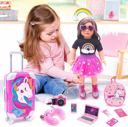 American 18 Inch Doll Accessories Doll Travel Set Including Suitcase Luggage and Dress, Camera Computer Phone Neck Pillow Sunglasses Dolls Travel Gear Play Set Gift for Birthday (NO Doll)