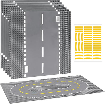 6 Pack Road Base Plates for Building, Compatible with Lego Classic Bricks, 10” x 10” Baseplates Fits for Lego Roads, Road Base Plates for City Sets (Attached DIY Stickers)