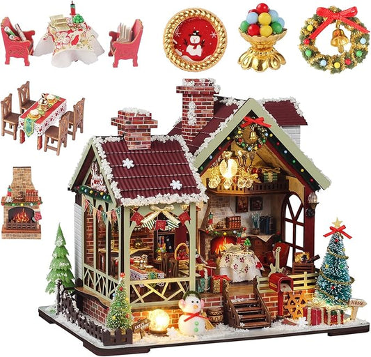 OZJAY Miniature House Kit, Mini House Building Kit with Furniture, DIY Miniature Kit for Adults Teen, Dollhouse Kit for Birthday Christmas, Warm Christmas Lodge