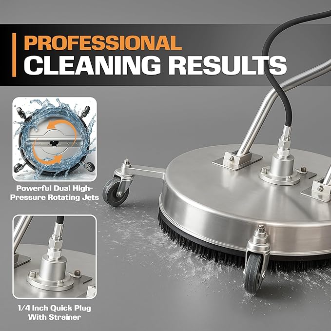 EDOU Direct 20 Inch Pressure Washer Surface Cleaner - Dual Handle Concrete Cleaner, Wheels - Driveway Pressure Washer Attachment, 4,500 PSI Max - Includes Quick Connector Kit - Silver