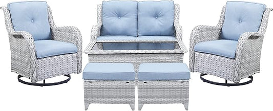 Wicker Outdoor Furniture Patio Furniture Set - 6 Piece Patio Conversation Set with Swivel Rocker Chairs, Loveseat Sofa, Ottomans and Coffee Table, Baby Blue Cushion