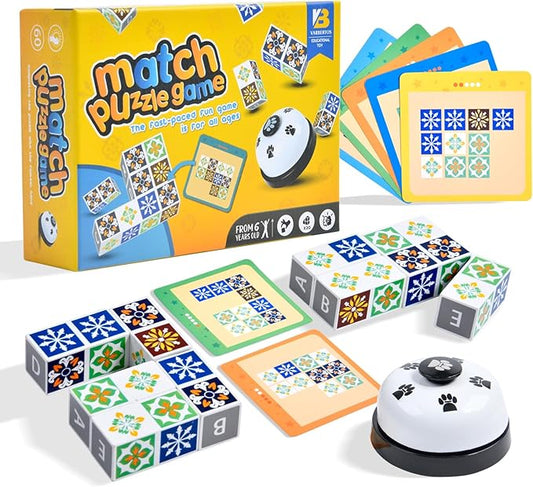 Wooden Matching Game Puzzle Games, Pattern Block Match Puzzles Building Cubes with Bell for Kids and Adults Toys Board Games for Family Night