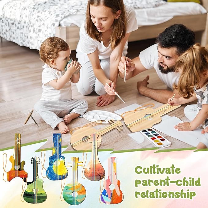 Syhood 48 Pcs/24 Sets DIY Guitar Kit for Kids Guitar Wooden Guitars Paint Bulk Music Party Favor Music Arts Crafts for Kid Boy Girl Halloween Christmas Supplies, 6 Difference Designs