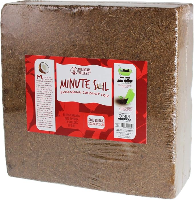 Minute Soil - Compressed Coco Coir Brick, Fiber Grow Medium, Potting Soil Indoor Plants and Outdoor Plants, 1 Block = 15 Gal Planting Soil, Peat Free OMRI Organic, Mountain Valley Seed Company
