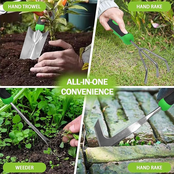 11Pcs Heavy Duty Gardening Tool Set, Shovel Stainless Steel with Non-Slip Rubber Grip, Canvas Storage Bag for Women Gardeners Pruning Shears Plant Care Weeding Tools