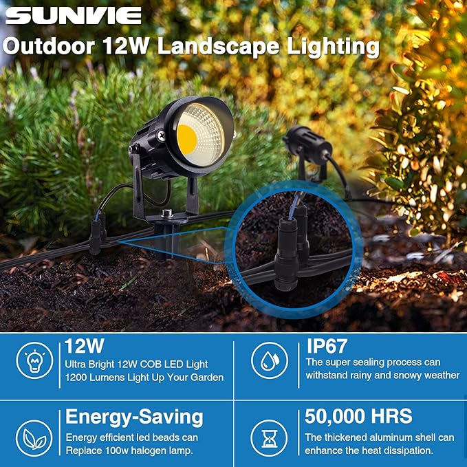 SUNVIE 12W Low Voltage Landscape Lighting Waterproof LED Landscape Lights 3000K Garden Pathway Lights 12V Outdoor Spotlights with Spike Stand, 2 Pack with Connectors