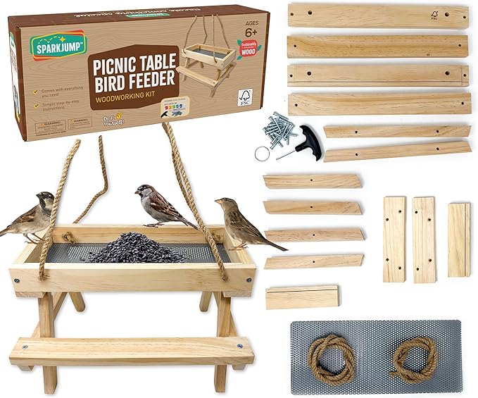 SparkJump Picnic Table Feeder for Squirrels - DIY Woodworking Project for Kids and Families, Includes Tools, Screws, and Paint Set, Sustainable FSC-Certified Wood, Ages 6+