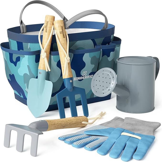 Gardening Set, Tool Kit, for Kids, STEM, Includes Tote Bag, Spade, Watering Can, Rake, Fork, Trowel and Gloves (Camo Quest)