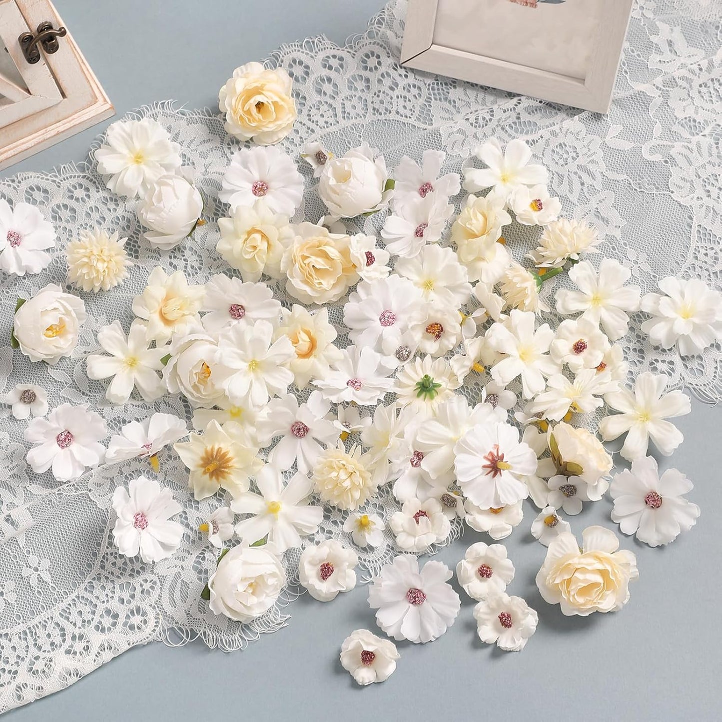 Faux Flower Heads Small Silk Artificial Flower DIY Fake Mini Flowers Rose Daisy Multicolor Flowers Craft Supplies for Wedding Party Wreath Graduation Season Party Home Decor (45, White)