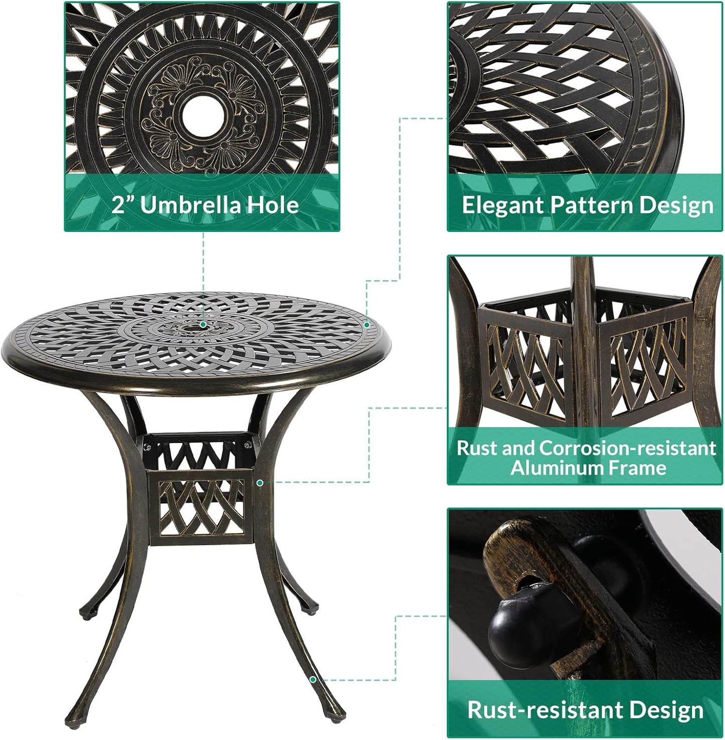 VIVIJASON 3-Piece Patio Bistro Set, Outdoor All-Weather Cast Aluminum Furniture Dining Set, Include 2 Swivel Chairs and 31" Round Table w/Umbrella Hole for Balcony, Lawn, Garden, Antique Bronze