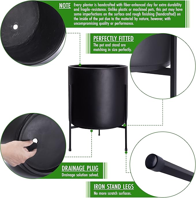 D'vine Dev Mid Century Plants Pot Cylinder Planter with Heavy Duty Stand, XX-Large 16 Inch Pot, 22.8 Inch with Stand Height, Black, 96-T-B-5