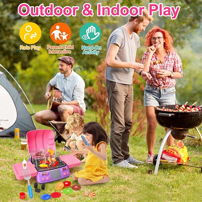 Kids BBQ Grill Playset Kitchen Toy Set with Pretend Smoke Sound Light Toddler Girls Pink Play Food Ages 3-5 4-8 Indoor Outdoor Cooking Barbecue Toys for 3 4 6 Year Old Girl Birthday Gift