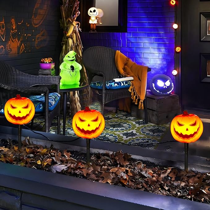 4 Pack Halloween Smiley Pumpkin Pathway Lights, 7Ft LED Decorative Outdoor String Lights Plug in With 4 Jack O Lantern Stakes for Garden Yard Walkway Party Decor