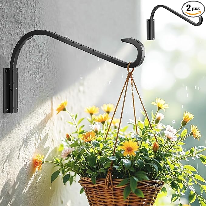 16 Inch 2 Pack Plant Hangers for Indoor/Outdoor Wall Mount - Heavy Duty Hanging Plant Holder & Bird Feeder Hooks, Decorative Black Metal Wall Hangers for Plants, Flower Baskets