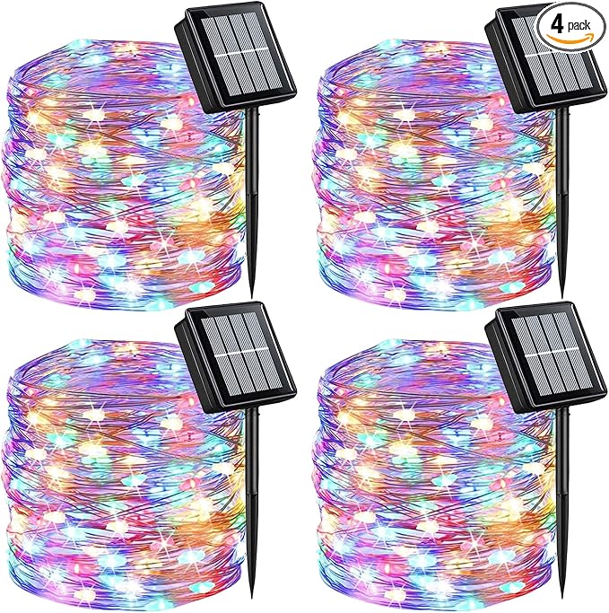 QITONG 4 Pack Multicolor Solar Fairy Lights Outdoor Waterproof, Each 33ft 100 LED Solar Christmas Lights, 8 Modes Silver Wire Solar Twinkle Lights