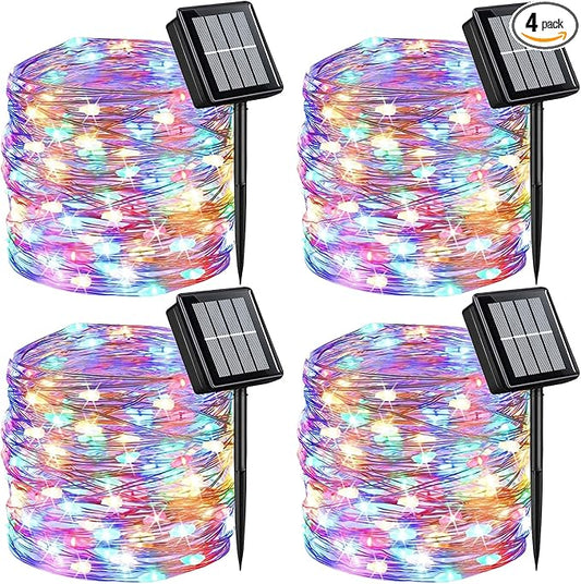 QITONG 4 Pack Multicolor Solar Fairy Lights Outdoor Waterproof, Each 33ft 100 LED Solar Christmas Lights, 8 Modes Silver Wire Solar Twinkle Lights