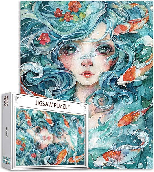 Tucocoo Watercolor Girl Jigsaw Puzzles for Adults 1000 Pieces, Koi Fish Blue Ocean Abstract Art Jigsaw Puzzle Colorful DIY Handwork Puzzles for Home Decoration, Family Puzzle Perfect for Game Nights