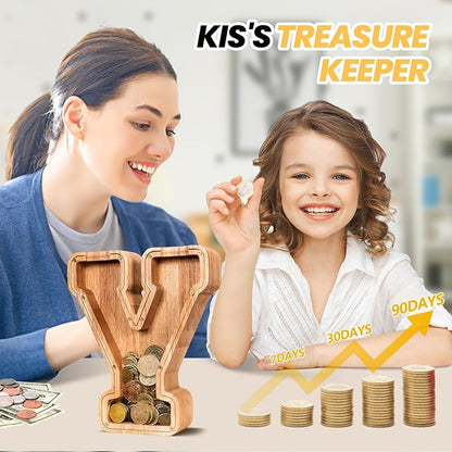 KMC Wooden Letter Piggy Bank, Personalized Initial Piggy Bank for Kids Boys, Clear Alphabet Y Wood Money Box, Unbreakable Coin Saving Jar, Birthday, for Children