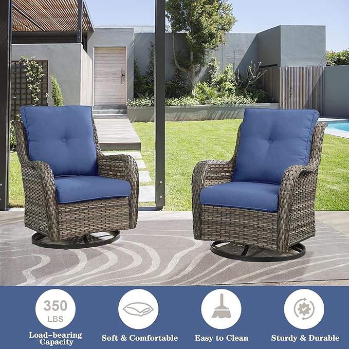 Wicker Patio Furniture Sets - 8 Piece Rattan Outdoor Furniture Conversation Sets with 4 Swivel Rocker Chairs, Rattan Sofa, Wicker Ottomans and Coffee Table, Mixed Grey/Blue