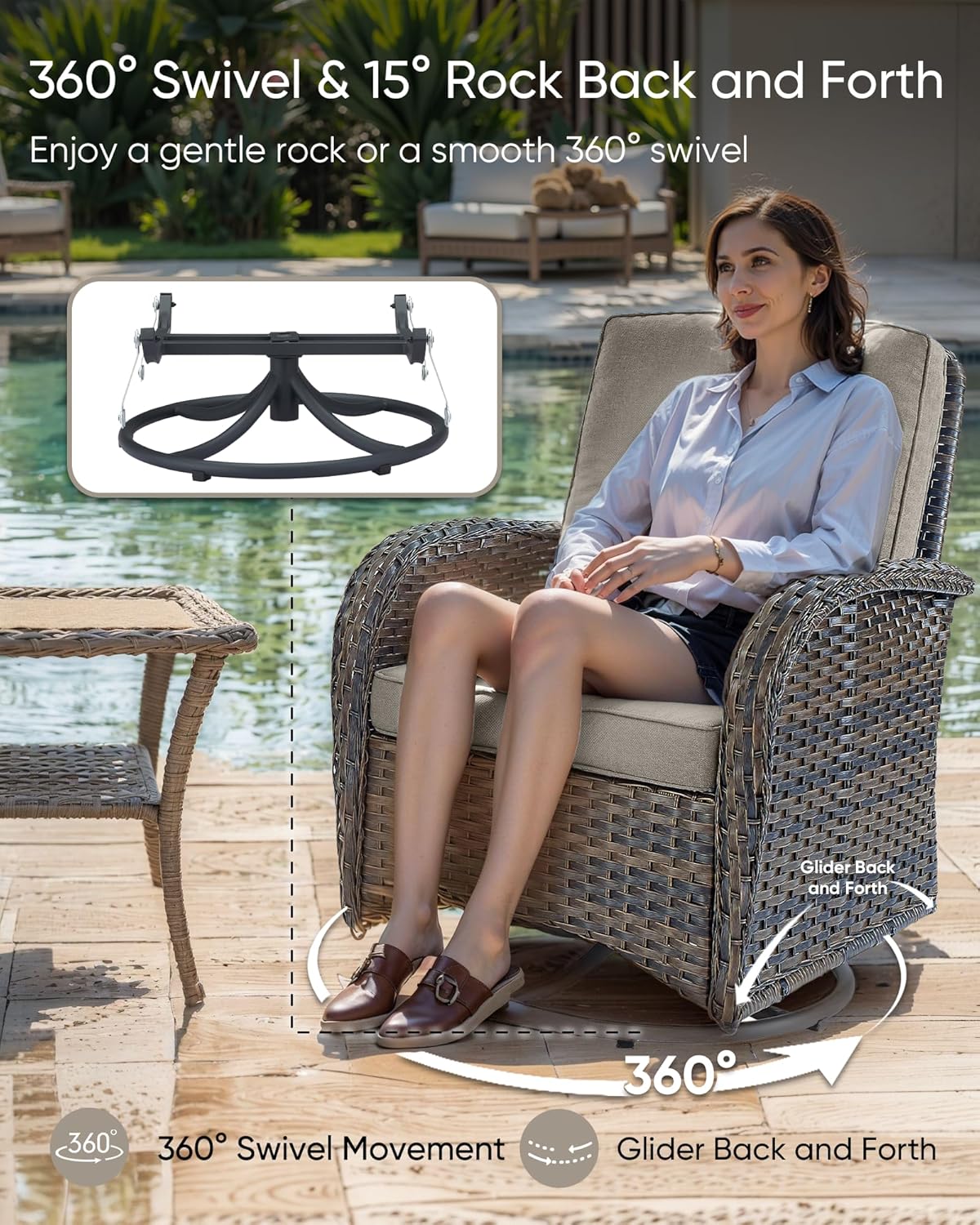 HUMMUH Outdoor Swivel Chairs,3 Pieces Patio Furniture Set with 360 Degree Wicker Swivel Rocking Chairs and Side Table for Garden,Porch,Backyard (Brown/Grey)