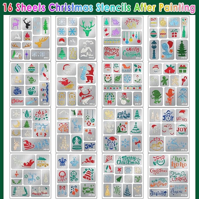 158 PCS Christmas Temporary Tattoo Stencils for Kids, Face and Body Paint Stencils Kit, Girl Boy Glitter Xmas Santa Tattoos Stencils Pack for Christmas Kids School Show Birthdays Party Favor Supplies