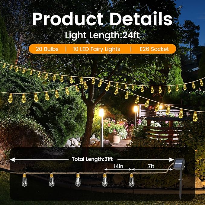 Solar Outdoor String Lights 24FT Vintage Rope Hemp Solar Lights with 20 Shatterproof Bulbs,8 Modes Solar Powered String Lights with Memory Function,Waterproof for Fence,Yard,Camping(Warm White)