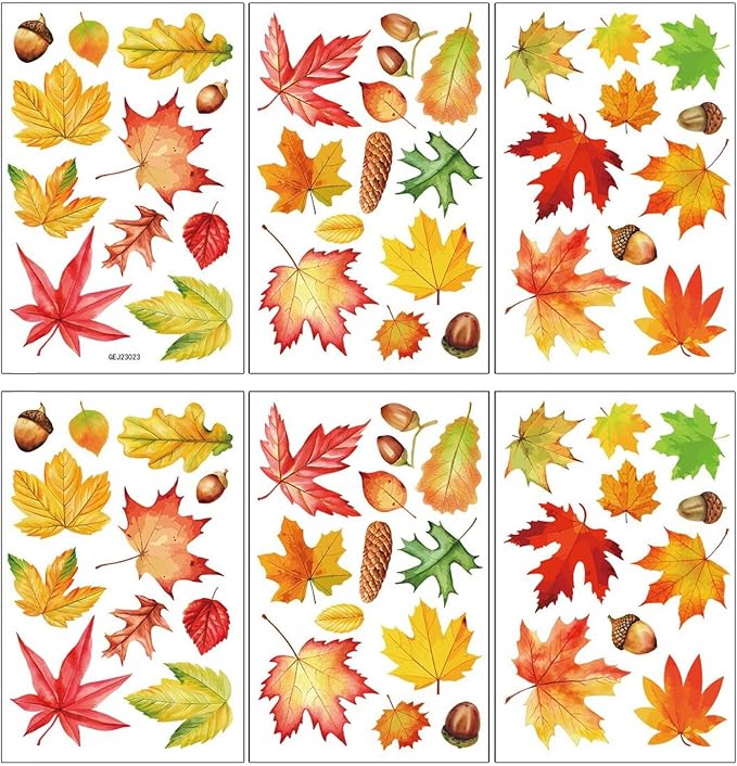 6 Sheets Thanksgiving Window Clings Stickers Maple Leaves Decoration Designs Thanksgiving Day Autumn Window Clings Fall Leaves Window Stickers Party Home Office Shop Decorations Supplies