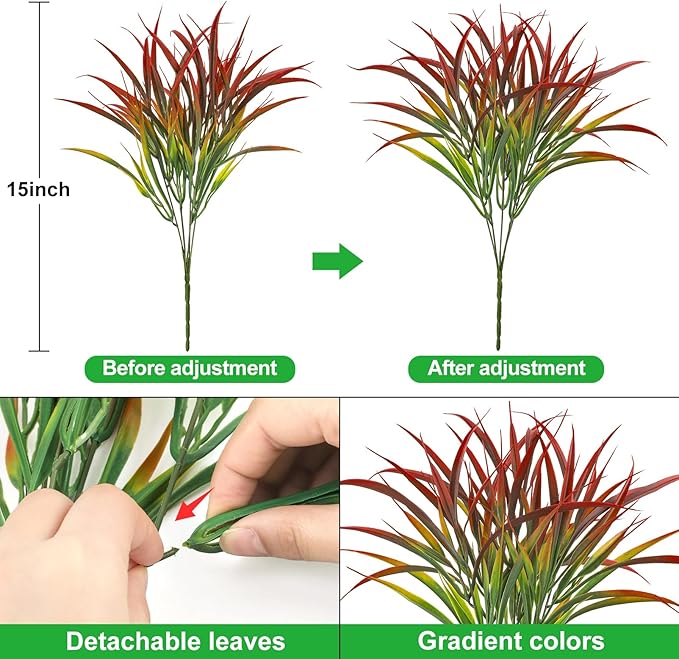 Ouddy Decor 16 Bundles Artificial Plants Outdoor Fake Grass Greenery Stems UV Resistant Faux Plastic Plants Shrubs for Autumn Home Garden Pathway Farmhouse Front Porch Harvest Thanksgiving Decor, Red