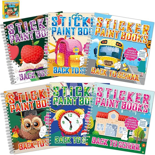 6Pcs Back to School Paint by Sticker Books Back to School Sticker by Number Books Activity Book Puzzle Book Craft Art Gift with School Bus Apple Owl Alarm 48 Pictures Party Favors