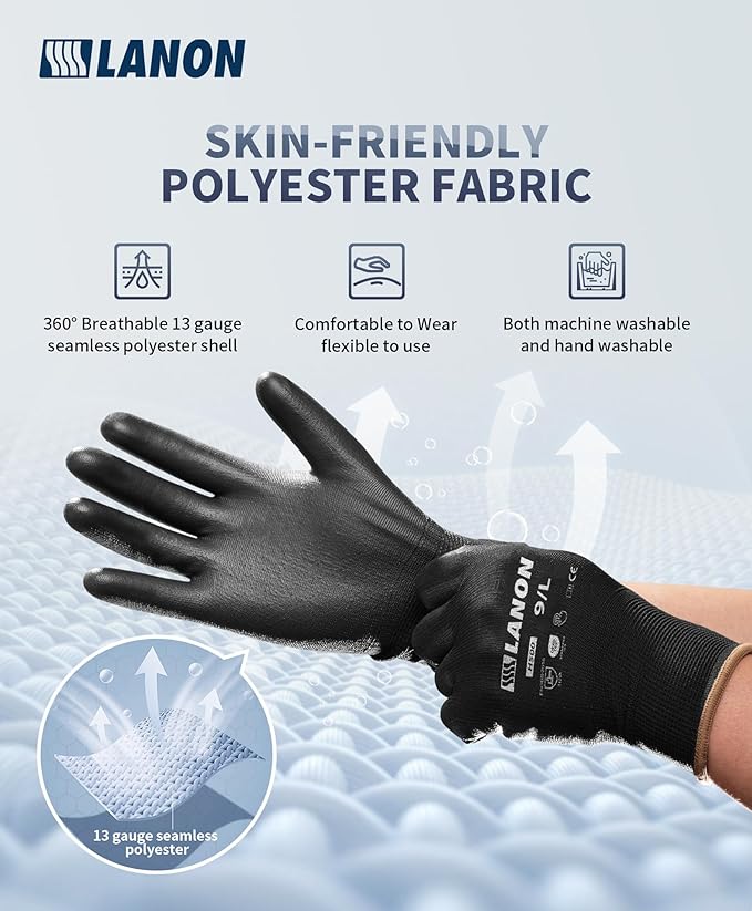 LANON Safety Work Gloves for Men and Women, 18 Pairs Mechanic Black Working Gloves with Grip Odorless PU Coated, Seamless Knit, Full Fingertip Touchscreen for Light Duty Working Gloves, Large