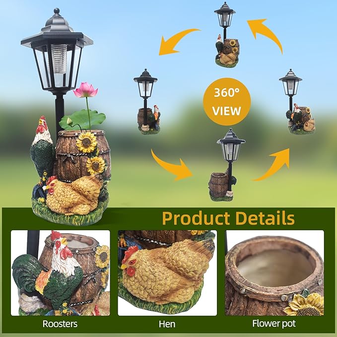 Rooster Statues Outdoor Solar Sculptures with Solar Lights and Flowerpot Funny Garden Decor Animal Figurines Resin Outdoor Statues for Patio Yard Lawn Balcony Grandma Mom Gifts