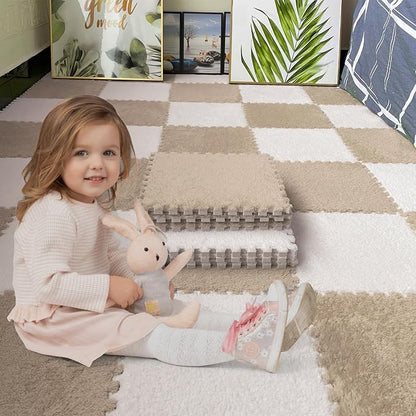 16pcs 0.6" Thickened Interlocking Tile Mats,Fluffy Shaggy Soft EVA Foam Area Rug for Living Room & Bedroom,Non-Slip Protective Floor Carpet Play Mat Kids Baby Dorm Home Decor (11.8ft, Khaki)
