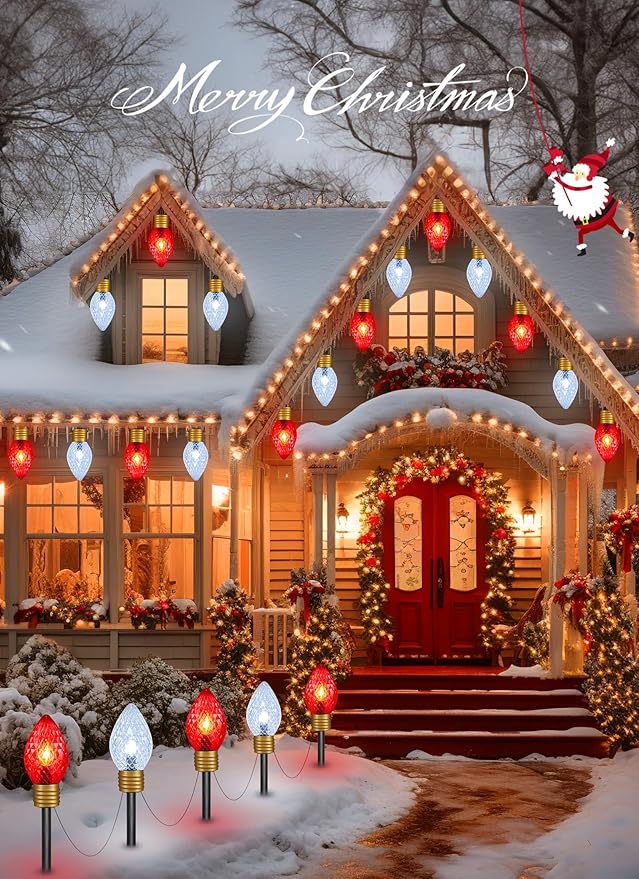 Moonflor Strawberry Jumbo C9 Christmas Pathway Lights Outdoor - 8.5FT 5 LED C9 Walkway Lights Outdoor, Christmas Decoration Outside, Christmas Lights Outdoor for Lawn Holiday Yard, Red & Pure White