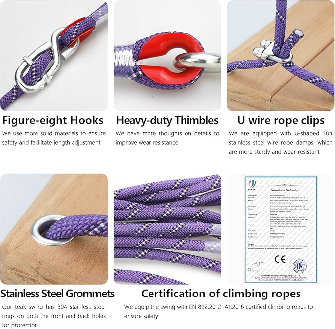 Teak Wood Swing 18.6"x7.6" - Outdoor Wooden Tree Swing Seat for Adults & Kids, Backyard Wood Swings with Height Adjustable Design