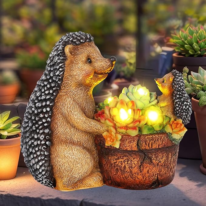 Succulent Hedgehog Garden Statues with Solar Outdoor Lights for Garden Decor, Animal Figurines Resin Outdoor Statues, Garden Gifts for Women Mom Lawn Ornaments for Patio Yard Decor