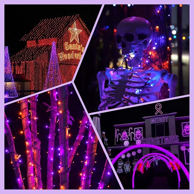 Purple and Orange Halloween Lights 2pack 164ft 400 Led Extendable Waterproof 8 Modes, Bright Indoor/Outdoor String Lights, Halloween Decorations for Party, Tree, Festivals, Patio, Garden Decor
