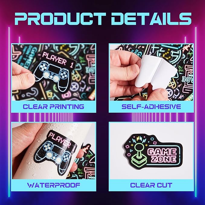 51 Pcs Neon Game Stickers for Kids, Gamer Inspirational Sticker for Water Bottle, Vinyl Waterproof Laptop Decals for Teens Girls Boys, Students Adults Sticker Pack
