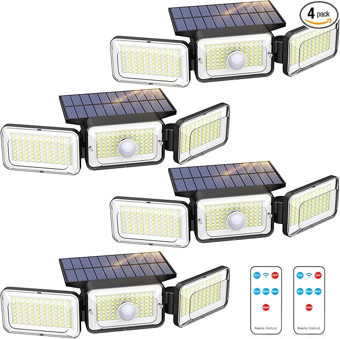 Solar Lights Outdoor Waterproof, Motion Sensor & Flood Outdoor Lights with Remote Control, 4 Adjustable Modes, 3000LM & 218 LED, High-Energy-Density Solar Panel-Monocrystalline Technology, 4 Pack