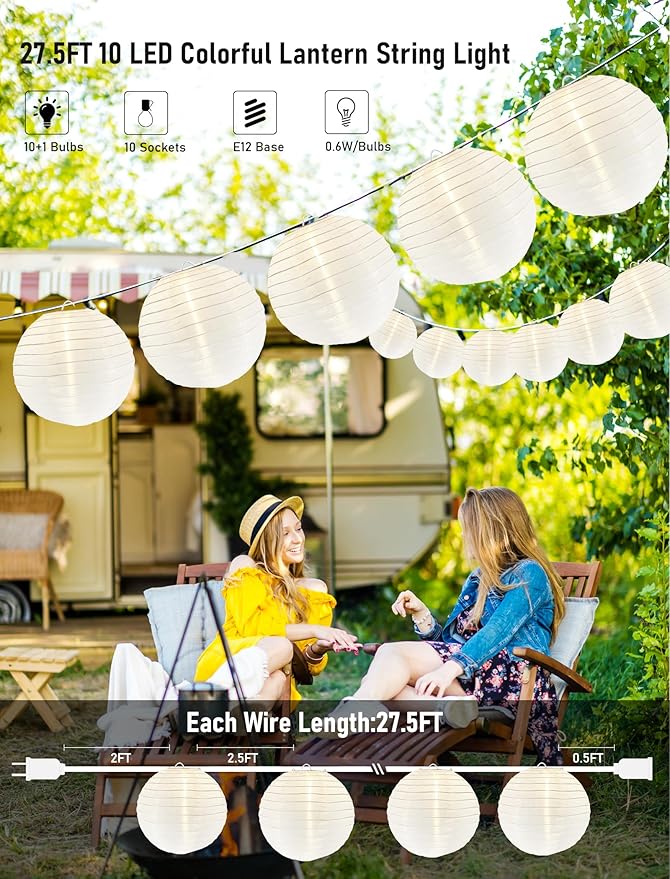 Lantern String Lights Outdoor, 27.5FT White Lantern String Lights Plug in with 10 Nylon Lanterns and G40 LED Bulbs, Hanging Light Strings Waterproof for Indoor Bedroom Outdoor Patio Wedding Party