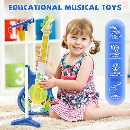 Contixo TG4 Musical Guitar and Microphone Set for Kids, Blue Electric Guitar Toys Starter Kit with Adjustable Height Microphone Stand, Karaoke Toy for Boys, Girls, Toddlers Christmas Birthday Gift
