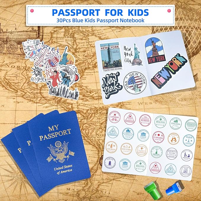 60 Pcs Blank Passport Notebook Blue Passport Book Fake Passport Travel Journal Sticker Collection Book for Kids School Projects World Travel Pretend Activity Party Favors, 5.51x3.9 Inch